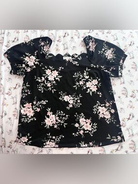 Faith and Joy Black Top with Pink Floral Print